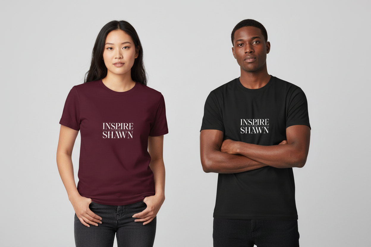 Asian woman in maroon and Black man in black wearing Inspire with Shawn t-shirts