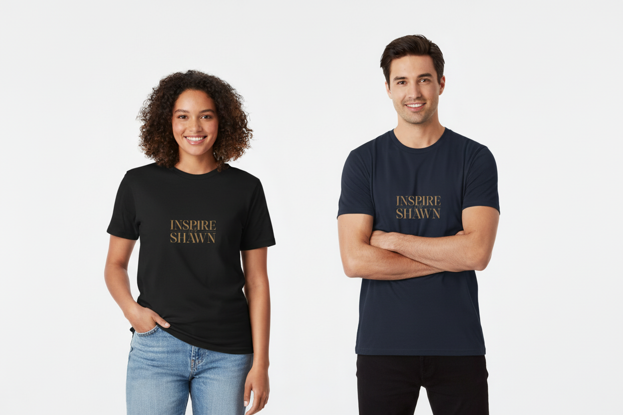 Latina woman and man wearing Inspire with Shawn t-shirts in black and navy